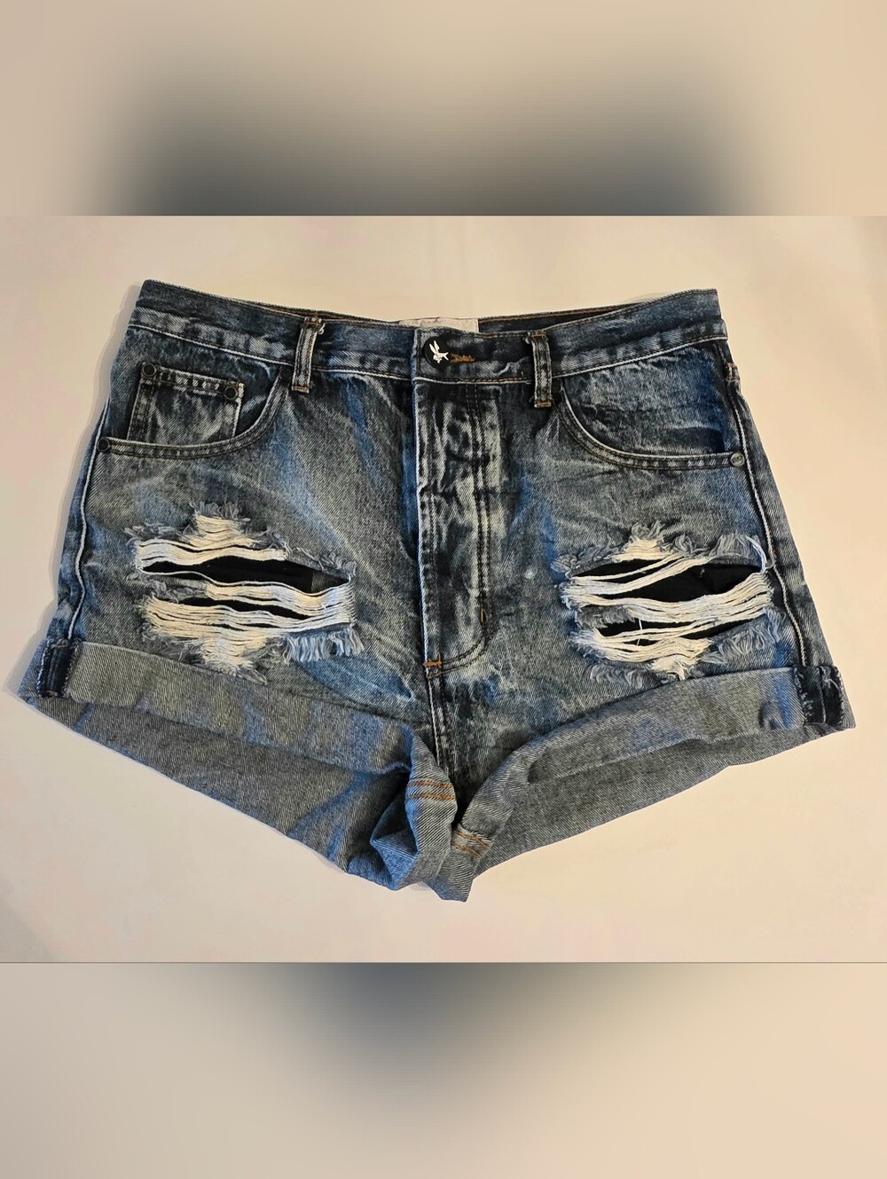 One Teaspoon Outlaws Destroyed Jean Shorts 28 Hi-rise Rolled Cuffs Buttonfly EUC